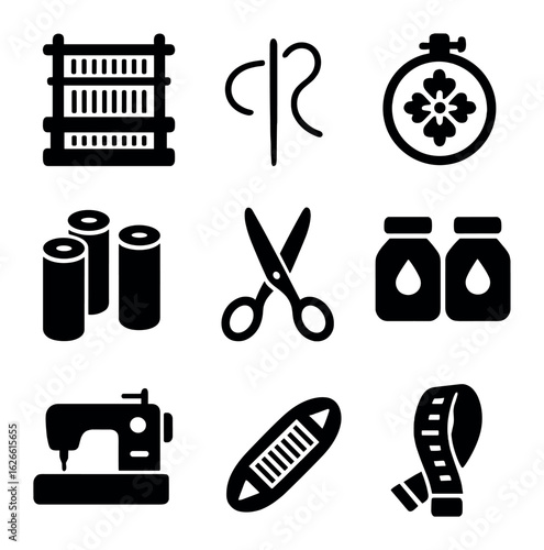 Ethnic Clothing Tools Icons. Solid, filled icons set of ethnic clothing tools and materials: loom, needle and