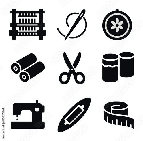Ethnic Clothing Tools Icons. Solid, filled icons set of ethnic clothing tools and materials: loom, needle and