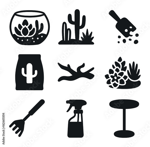Terrarium Kit Icons. Solid, filled icons set of open terrarium kits: open bowl terrarium, desert plant set,
