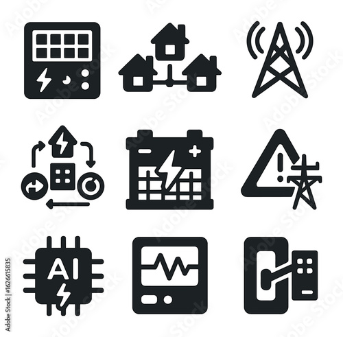 Smart Grid Icon Set. Solid, filled icons set of smart grid systems: grid controller, connected homes, data