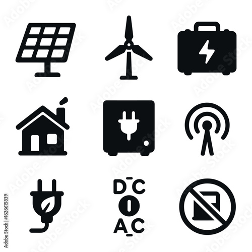 Off-Grid Power Icons. Solid, filled icons set of off-grid power systems: portable solar panel, compact wind
