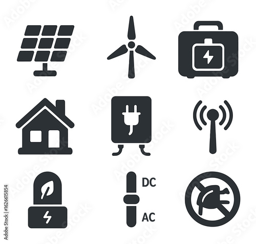 Off-Grid Power Icons. Solid, filled icons set of off-grid power systems: portable solar panel, compact wind