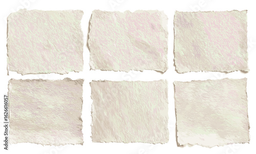 Torn vintage old paper scraps with jagged rough edges on blank background pieces. Antique distressed parchment texture collage, ragged weathered brown paper template, grunge retro note