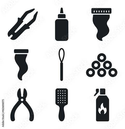 Hair Extension Tools Icons. Solid, filled icons set of hair extension tools: fusion tool, bonding glue,