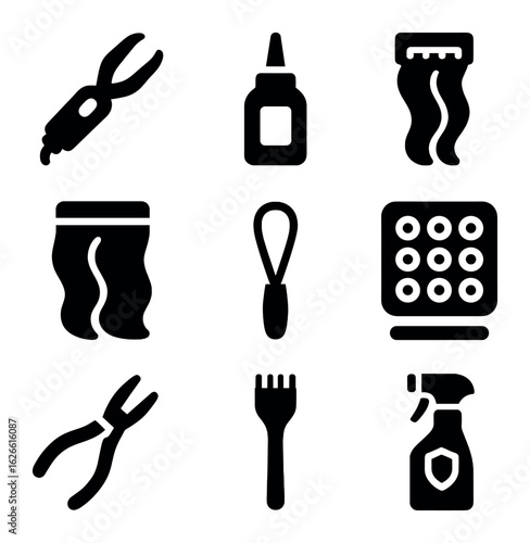 Hair Extension Tools Icons. Solid, filled icons set of hair extension tools: fusion tool, bonding glue,