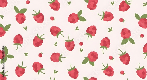 Pattern of Red Raspberry Berries with Green Leaves on Light Background for Food and Nature Design
