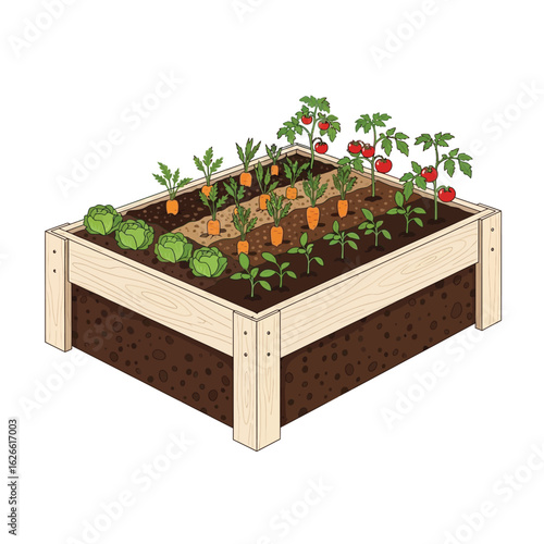 Raised garden bed with vegetables thriving, showcasing carrots, lettuce, and tomatoes.