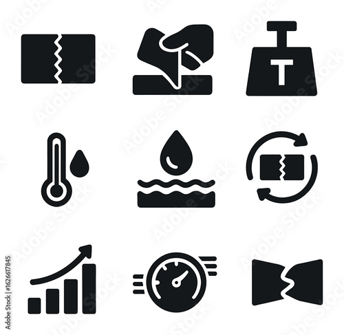 Glue Durability Icons. Solid, filled icons set of glue testing and durability: glued test strip, peel test