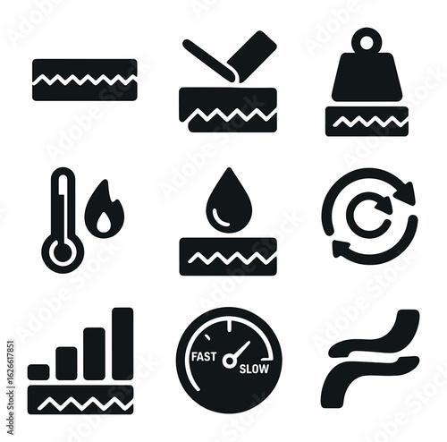 Glue Durability Icons. Solid, filled icons set of glue testing and durability: glued test strip, peel test