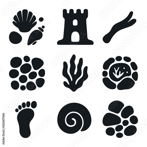 Beachside Icon Collection. Solid, filled icons set of beachside natural art: seashell arrangement, sandcastle