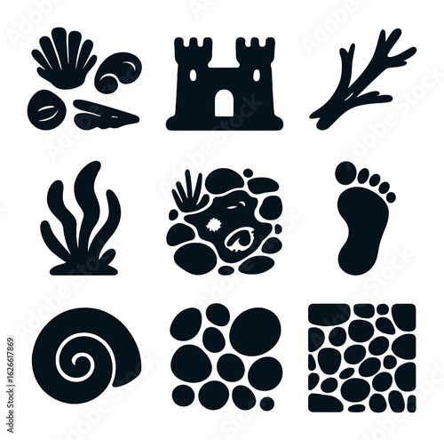 Beachside Icon Collection. Solid, filled icons set of beachside natural art: seashell arrangement, sandcastle