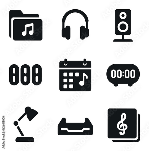 Music Office Icons. Solid, filled icons set of music-themed office organization: file folders with music