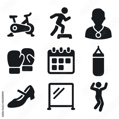 Group Fitness Icons. Solid, filled icons set of group fitness classes: spinning bike, aerobic stepper,