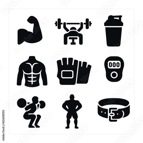 Strength Training Icons. Solid, filled icons set of strength and hypertrophy training: bicep curl, bench press