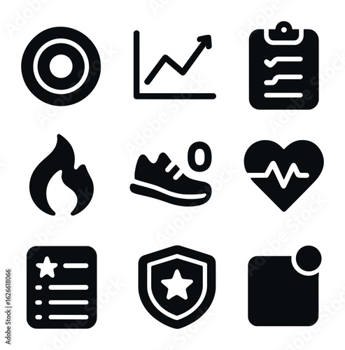 Fitness App Icons. Solid, filled icons set of fitness app interfaces: activity rings, progress graph, workout