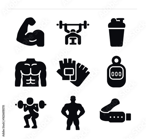 Strength Training Icons. Solid, filled icons set of strength and hypertrophy training: bicep curl, bench press