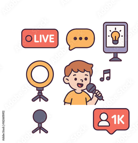 Singing Stream Icons. Flat vector mini-illustrations Live singing streams in colors children's illustrations:
