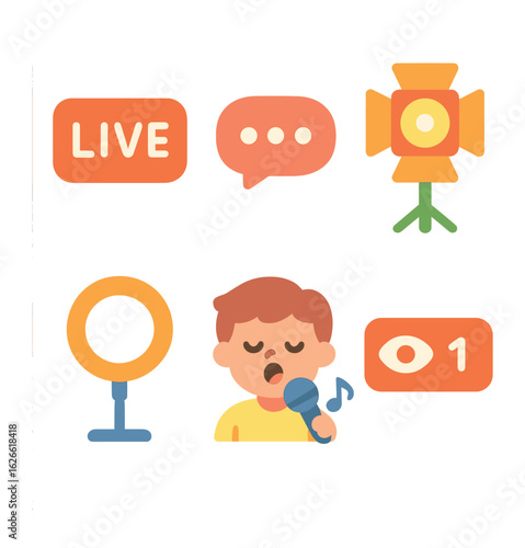 Singing Stream Icons. Flat vector mini-illustrations Live singing streams in colors children's illustrations: