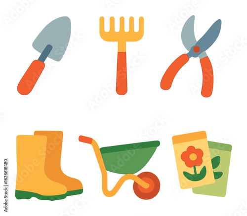 Colorful Garden Tools. Flat vector mini-illustrations Garden tools and equipment in colors children's