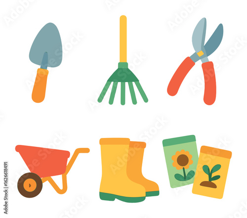 Colorful Garden Tools. Flat vector mini-illustrations Garden tools and equipment in colors children's