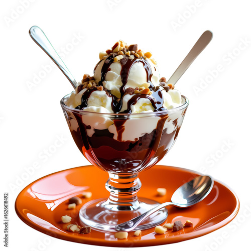 Delicious ice cream sundae with chocolate sauce and nuts in a glass dish