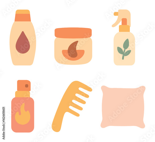 Colorful Hair Care Icons. Flat vector mini-illustrations Hair care after coloring in colors children's