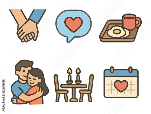 Marriage Love Icons. Flat vector mini-illustrations Maintaining love after marriage in colors children's