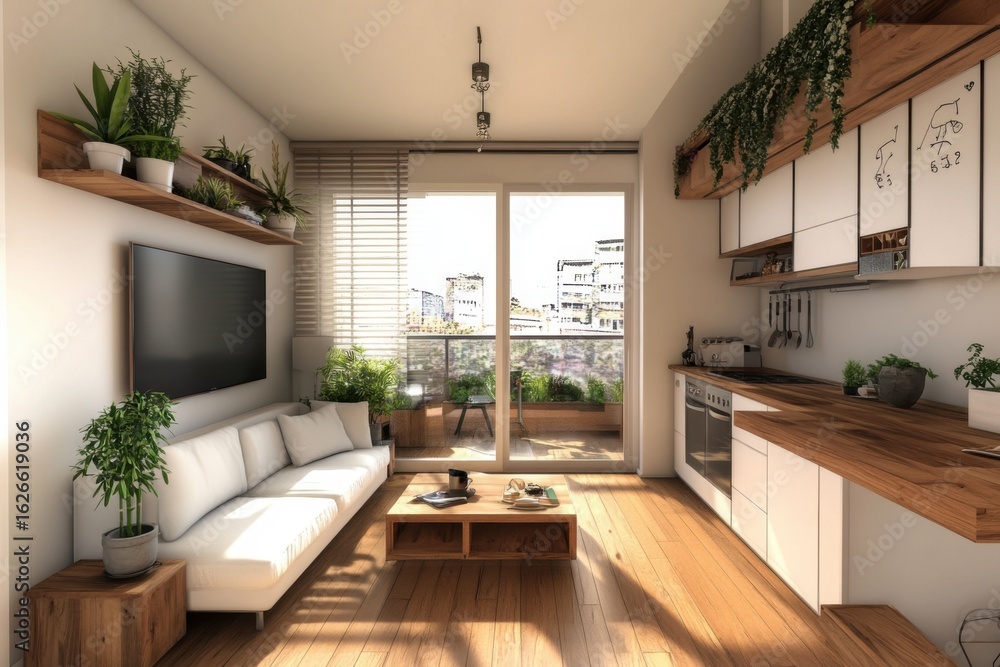Fototapeta premium Modern urban living room with balcony view and greenery during daytime
