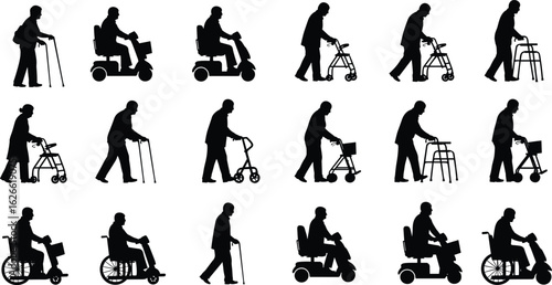 Elderly mobility aids, senior people walking with walkers, wheelchairs, scooters, healthcare support, rehabilitation assistance, old age lifestyle silhouette illustration