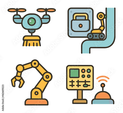 Robotic Maintenance Icons. Flat vector mini-illustrations Robotic maintenance systems in colors children's