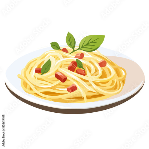 Spaghetti Carbonara, flat style 2D vector image, isolated on a white background