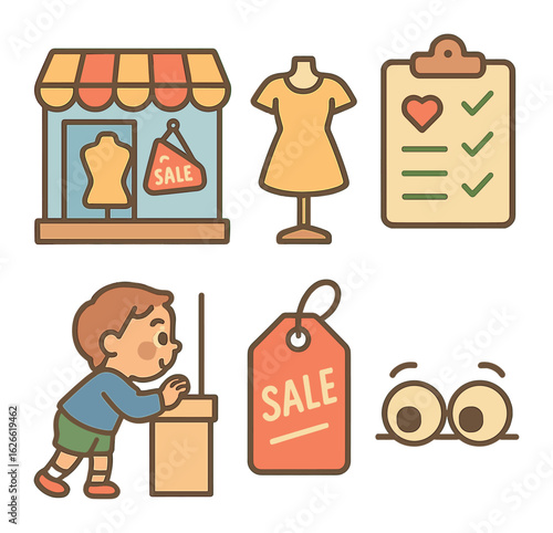 Curious Child's Window Shopping. Flat vector mini-illustrations Window shopping in colors children's