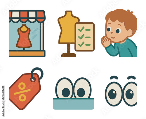Curious Child's Window Shopping. Flat vector mini-illustrations Window shopping in colors children's