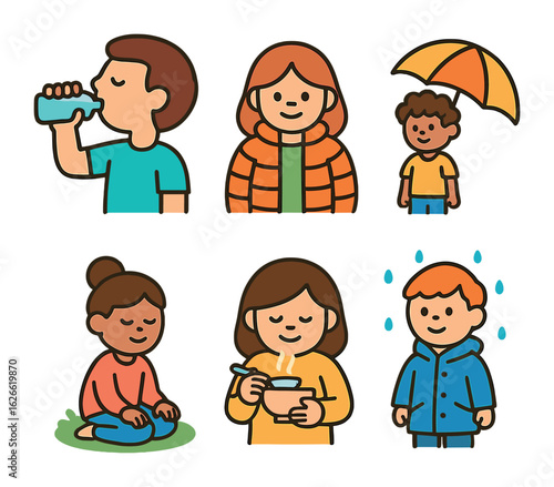 Healthy Habits Icons. Flat vector mini-illustrations Healthy habits for body temperature in colors children's