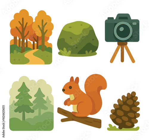 Forest Photography Icons. Flat vector mini-illustrations Forest photography in fall in colors children's