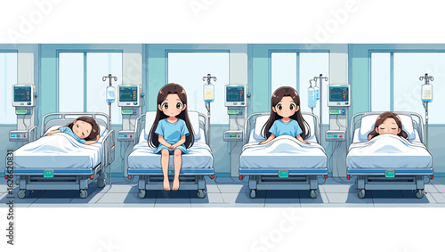Vector illustration set showing a young female patient in a hospital ward in different states of recovery.