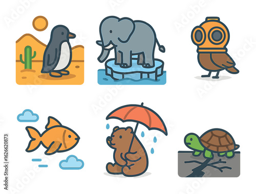 Surreal Animal Adventures. Flat vector mini-illustrations Animal displacement in surreal world in colors