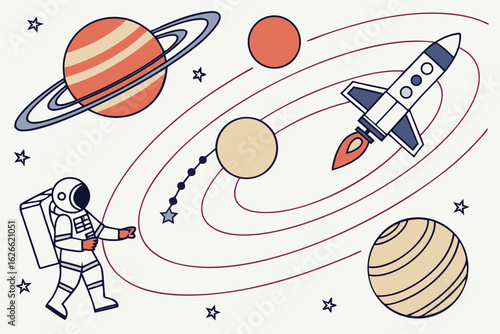 Illustration of an astronaut with planets rocket and stars in a cosmic space themed design concept art