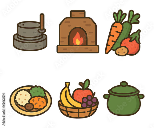 Rural Food Heritage Icons. Flat vector mini-illustrations Rural food heritage in colors children's