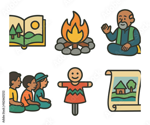Rural Storytelling Icons. Flat vector mini-illustrations Cultural storytelling in rural communities in colors