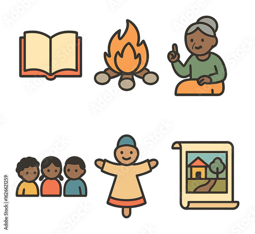 Rural Storytelling Icons. Flat vector mini-illustrations Cultural storytelling in rural communities in colors