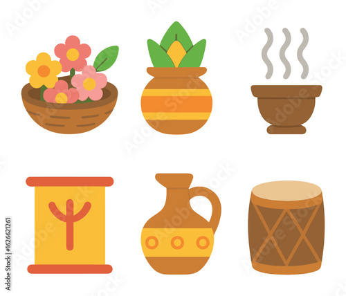 Ritual Icons for Children. Flat vector mini-illustrations Rural rituals and customs in colors children's