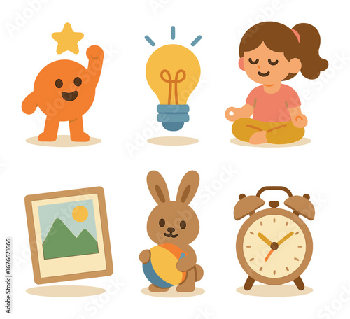 Weekly Kids Icons. Flat vector mini-illustrations Daily post themes in colors children's illustrations: Monday