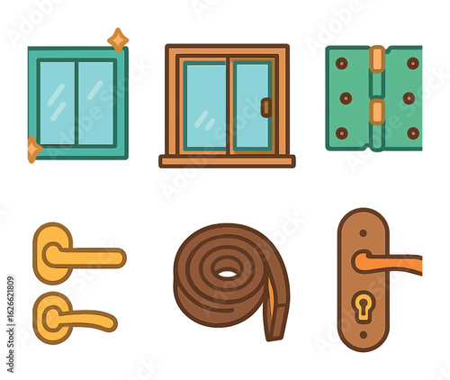 Colorful Home Updates. Flat vector mini-illustrations Window and door updates in colors children's