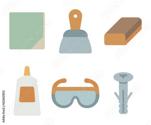 Child's Repair Tools. Flat vector mini-illustrations Wall and ceiling repairs in colors children's