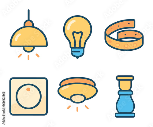 Home Lighting Icons. Flat vector mini-illustrations Home lighting improvements in colors children's