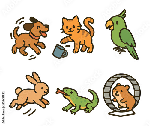 Playful Pet Antics. Flat vector mini-illustrations Playful pet antics in colors children's illustrations: dog