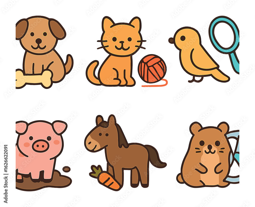 Fototapeta premium Favorite Things Animals. Flat vector mini-illustrations Animals and their favorite things in colors children's
