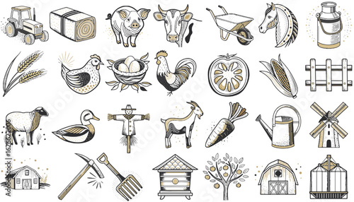 Farm-themed illustrations of animals, tools, and crops in sketch style  