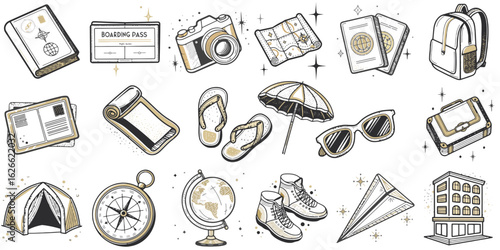 Travel essentials including maps, camera, backpack, and sunglasses  